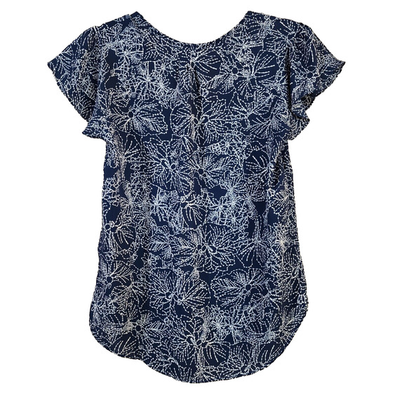 H&M Womens Pullover Blouse Size 2 Blue Chiffon Flutter Sleeve V-Neck Tunic Top - Picture 2 of 9